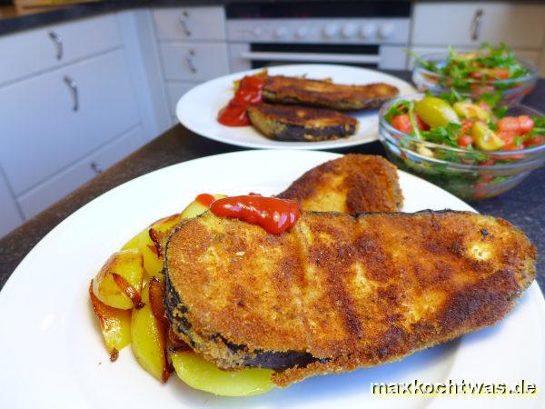 Gebratene Auberginen mit Tomaten-Rucola-Salat