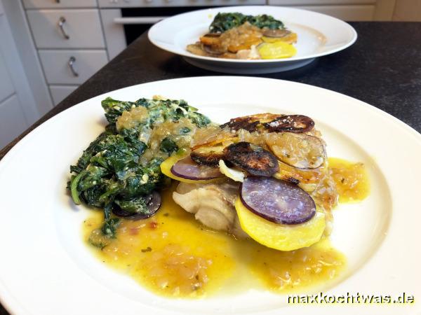 Fischfilet mit bunten Kartoffelschuppen und Estragonsahne