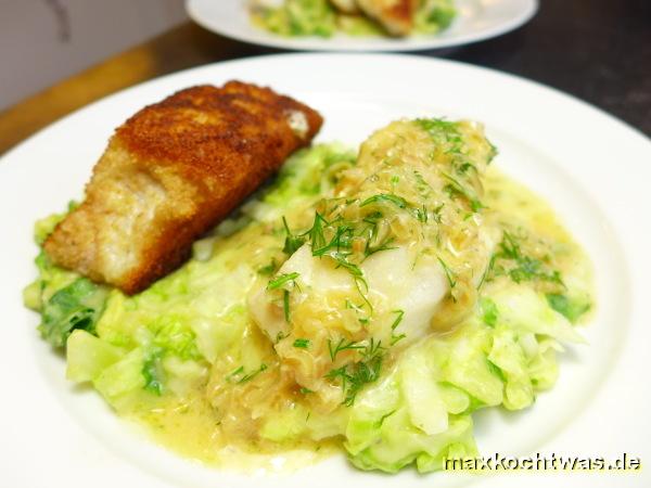 Kabeljau mit Senf-Sahne-Sauce und Kartoffel-Endivien- ...