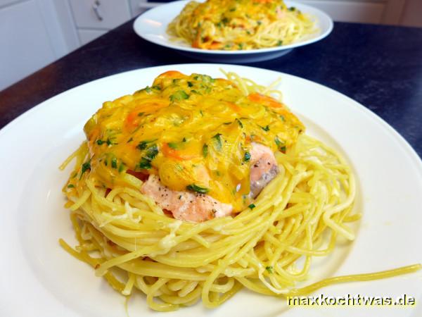 Lachsragout im Spaghettinest Überbacken