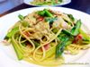Linguine mit grünem Spargel, Pancetta und Parmesansosse