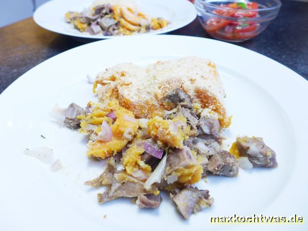 Parmentier mit Entenconfit und Süßkartoffeln