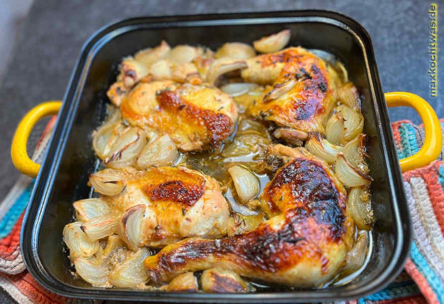 Poulet aus dem Ofen mit Orangen, Zwiebeln und Granatapfel