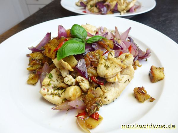 Pouletstreifen mit roten Zwiebeln und Kräutern