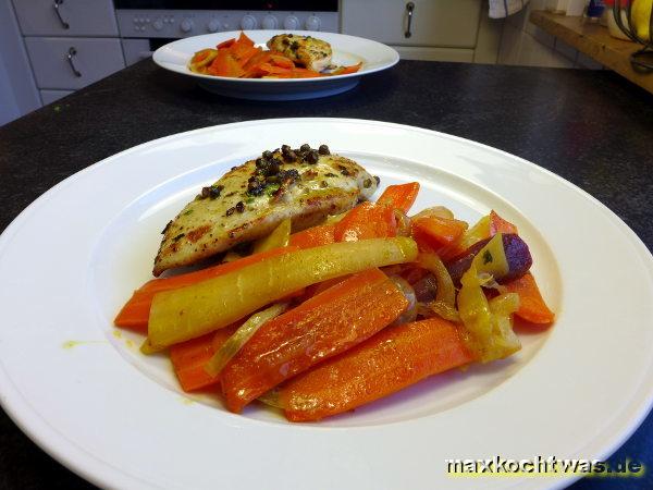 Pouletschnitzel mit Rüeblinudeln