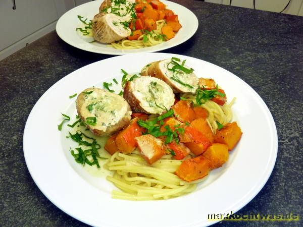 Puten-Piccata, Spaghetti und Kürbis