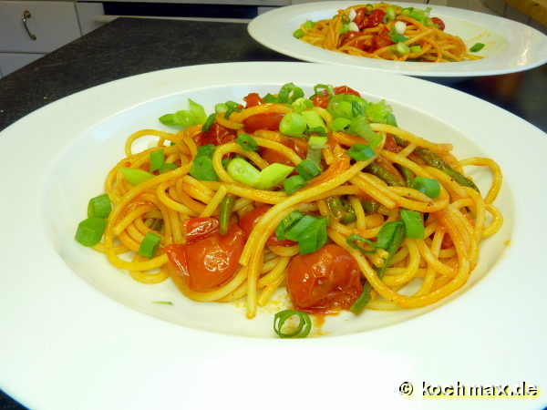 Spaghetti, Tomaten, Grüne Bohnen