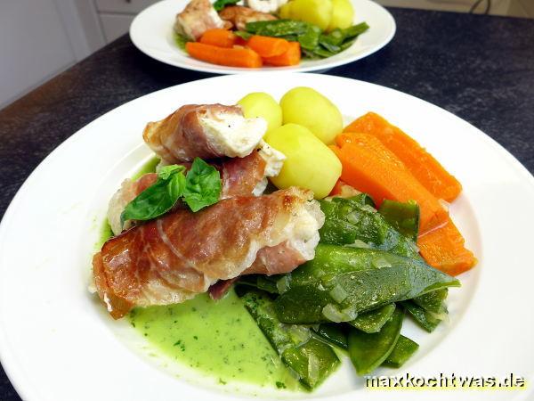 Steinbeißerfilet mit Zuckerschoten und Basilikumsahne