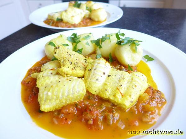 Steinbeisser in Tomaten-Safransauce