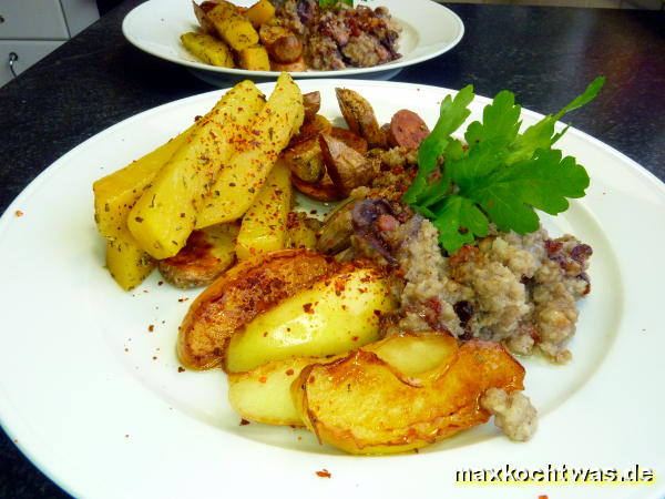 Wurstebrei mit Steckrübe und Apfel